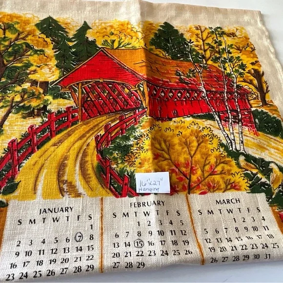 Vintage Calendar Linen Towels 1972 1986 1995 Bird Cherries Stream Covered Bridge - Picture 7 of 7